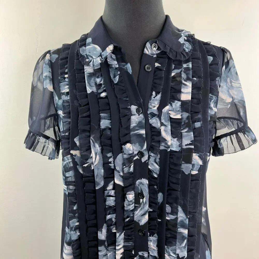 KATE SPADE Black Blue Top Night Rose Collared Ruffle Sleeve Button-Up Size Small
